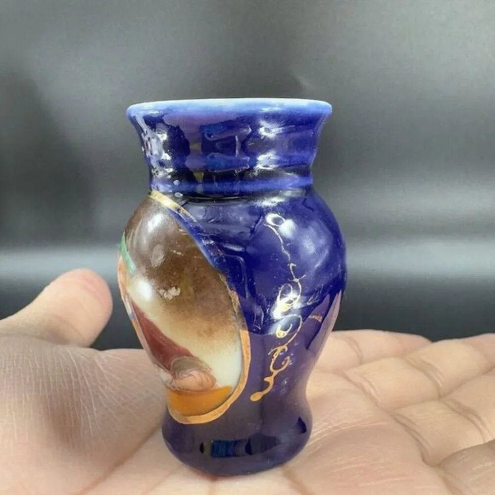Antique Hand Painted Portrait Porcelain Small Miniature Vase‎ Cobalt Blue VTG
